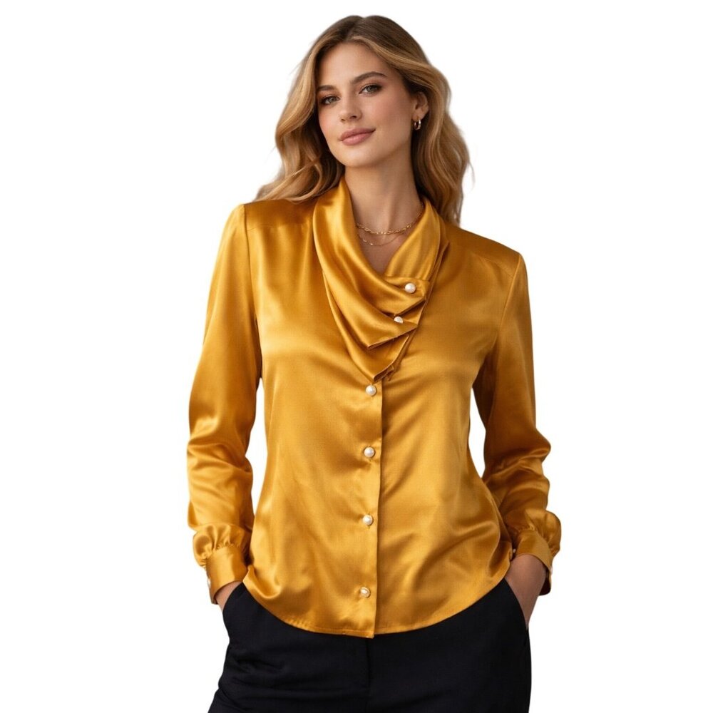 Christie & Jill Gold Satin Blouse 10 Shoulder Pads Drape Neck